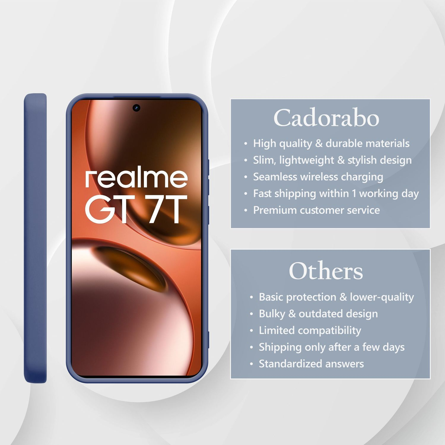 Ein blaues Handycover neben einem Realme GT 7T Smartphone.