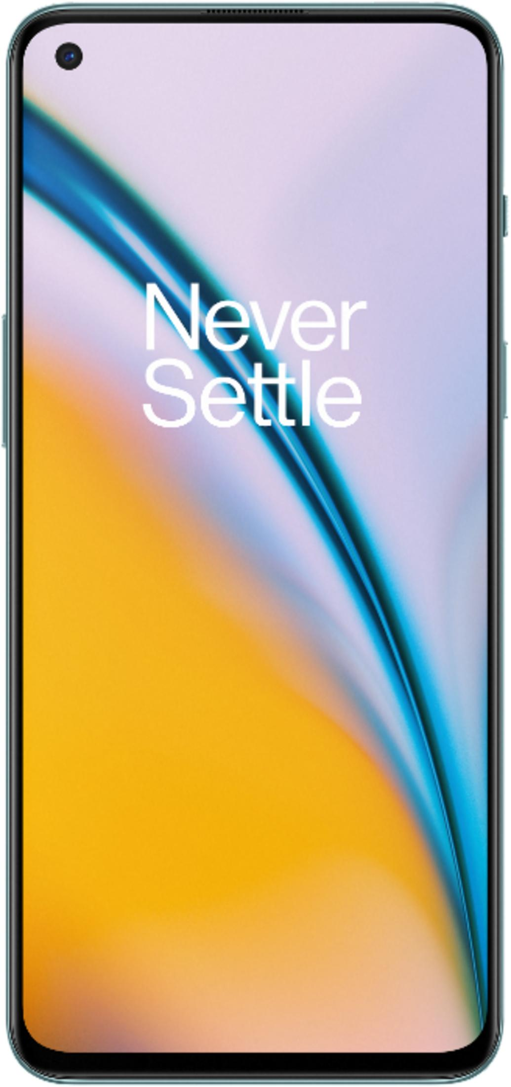 Ein Smartphone mit dem Schriftzug "Never Settle" auf einem bunten Hintergrund.