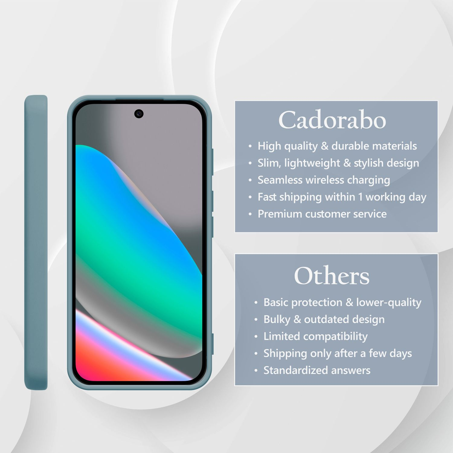 Ein tealfarbenes Handycover und ein Smartphone mit abstraktem Hintergrund.