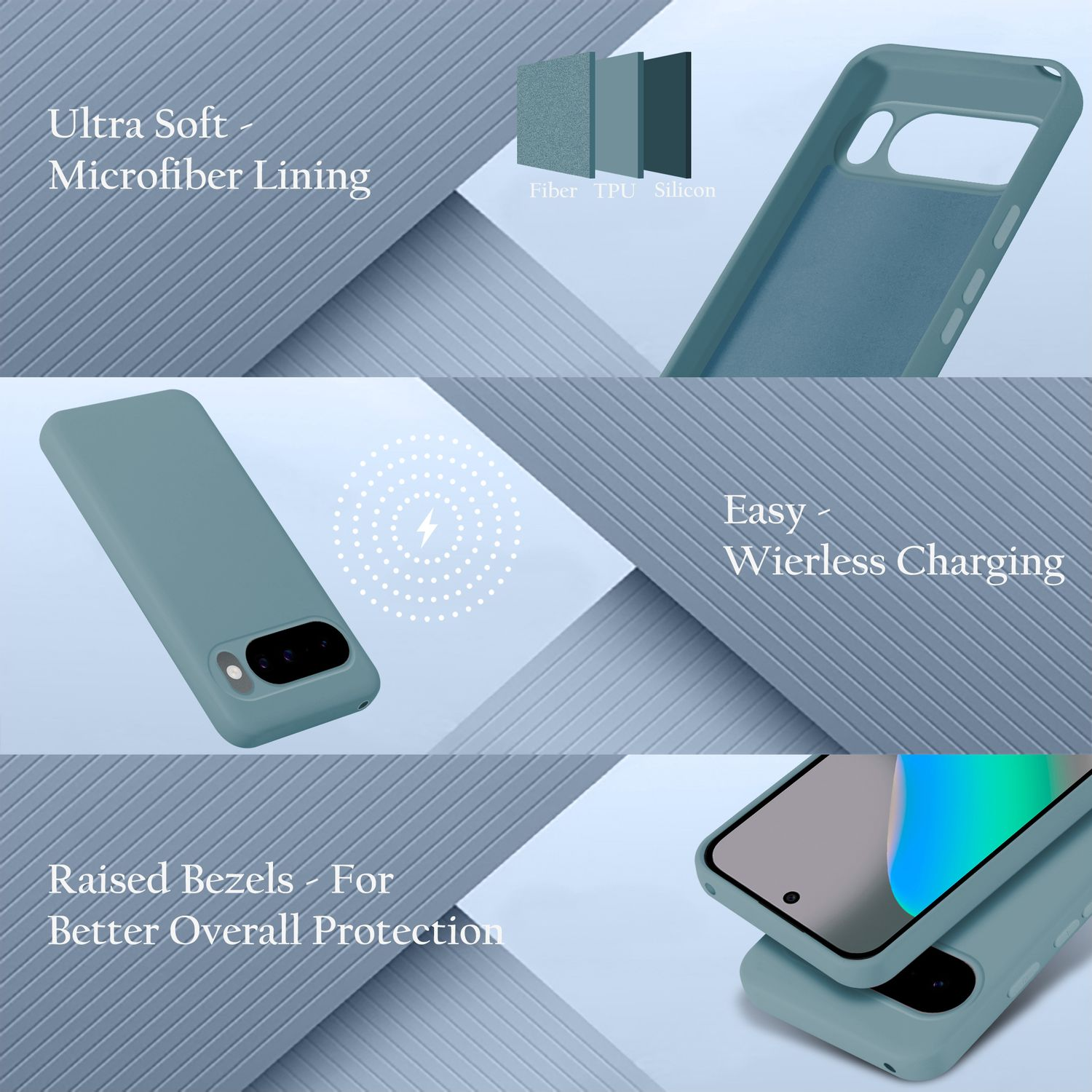 Blauer Silikon-Handyhülle mit Mikrofaserfutter, kabellosem Laden und erhöhten Rändern.