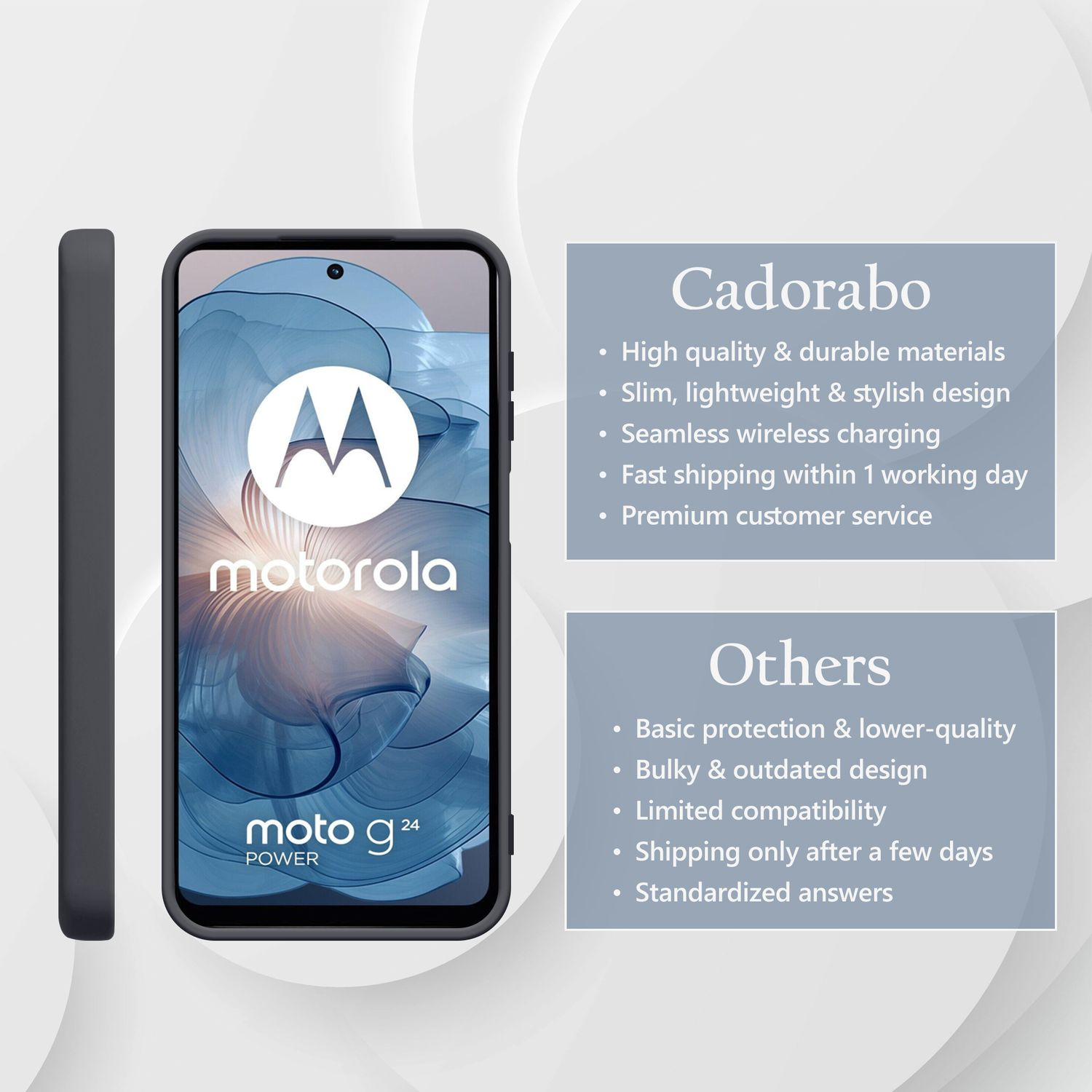 Ein graues Motorola Moto G24 Power Handy mit einem Kasten daneben und Produktvergleich.