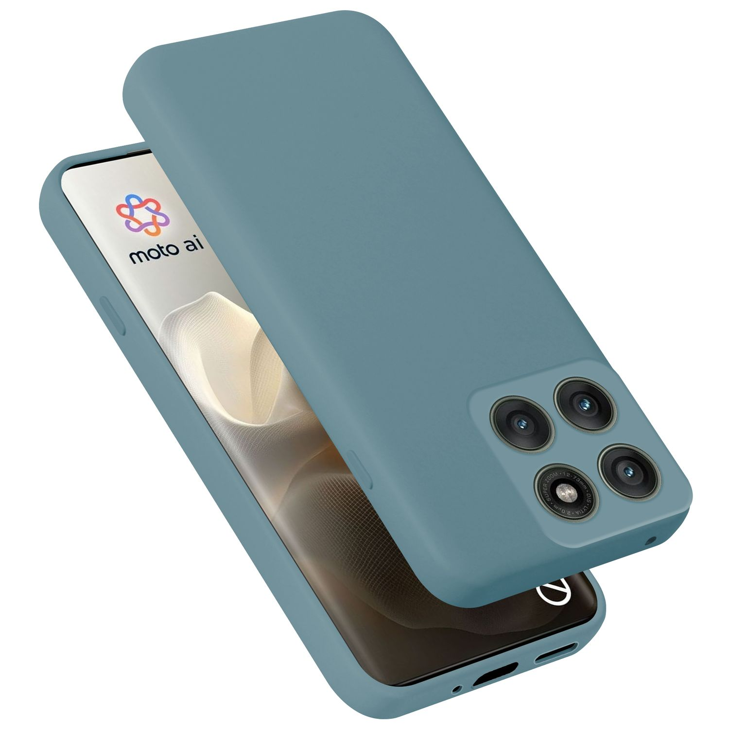 Ein blaugrünes Handy-Case auf einem Smartphone mit Moto AI Logo.