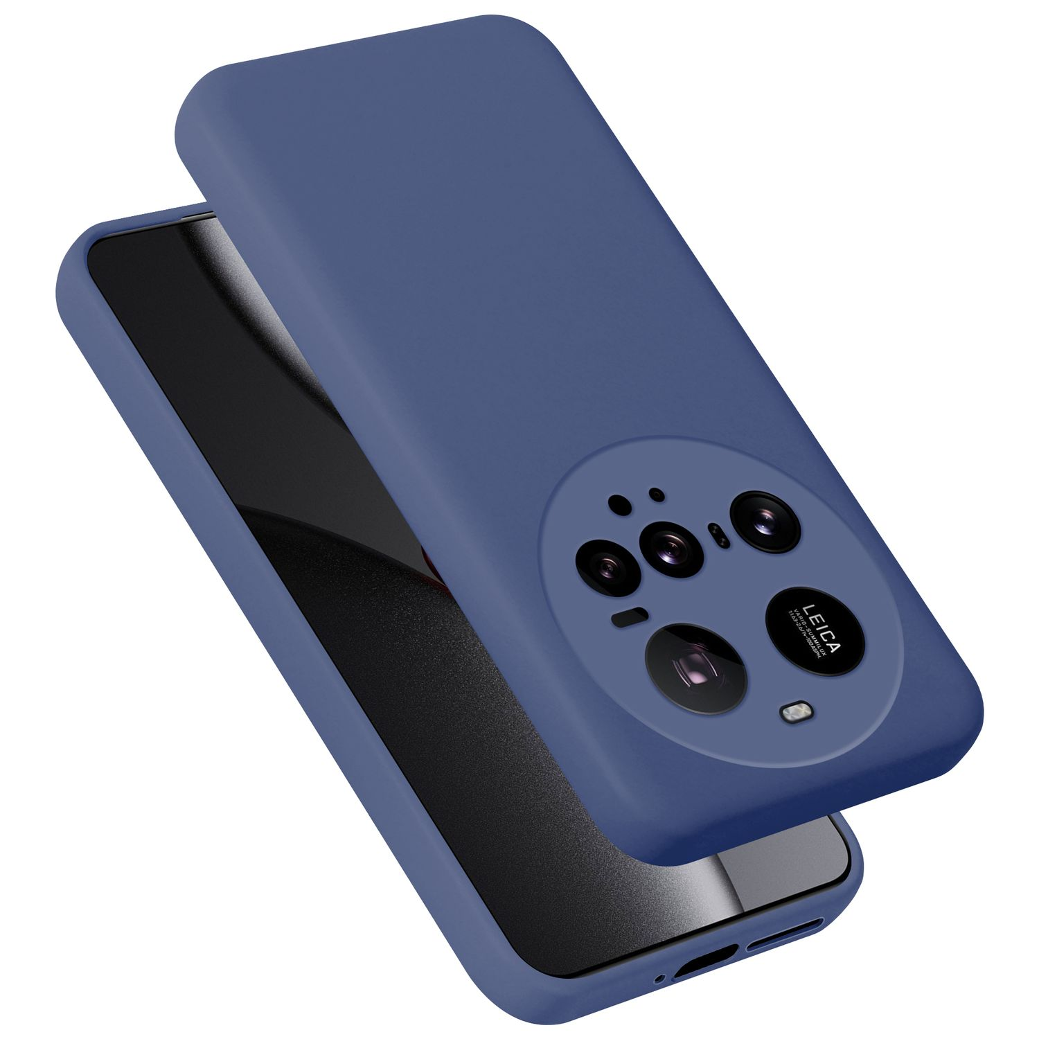 Eine blaue Hülle für ein Smartphone mit einer runden Kameraeinheit.