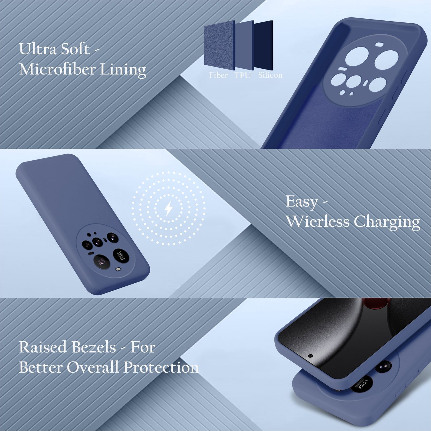 Ein blaues Handycover mit Mikrofaserfutter und Kameraaussparung.