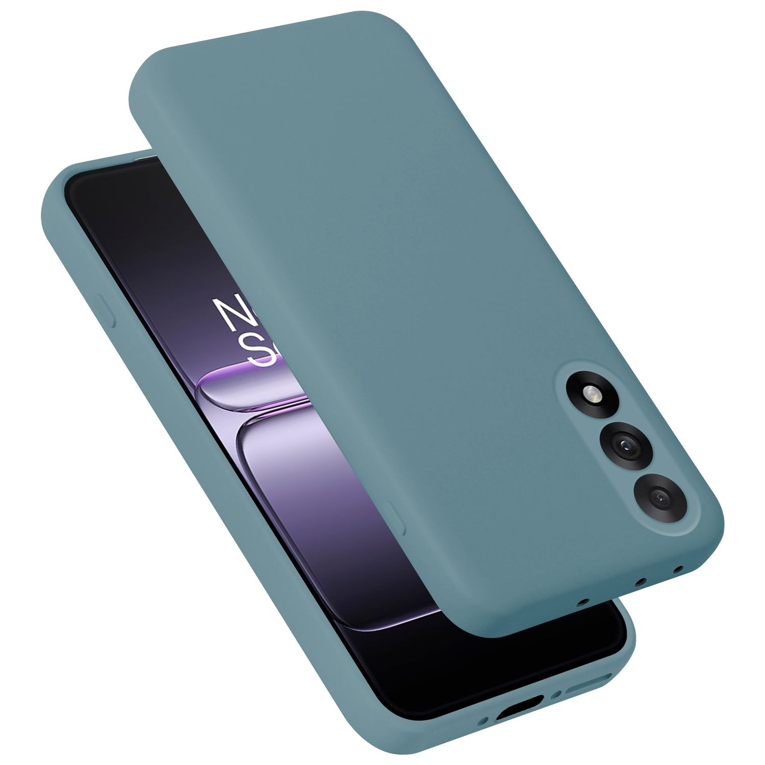 Ein blaugrünes Handycover liegt neben einem Smartphone.
