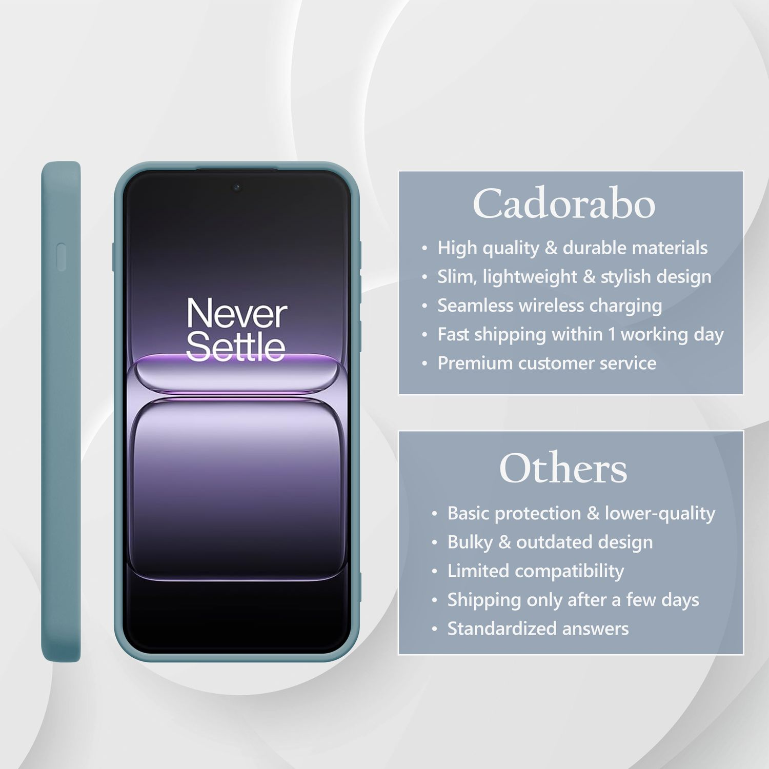 Ein türkisfarbener Handyhülle liegt neben einem Handy mit „Never Settle“.