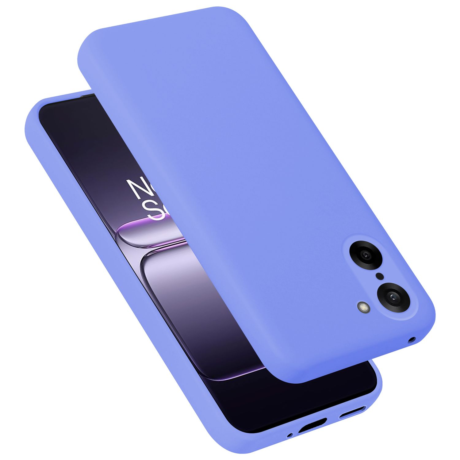 Ein lila Handyhülle liegt über einem Smartphone mit dunklem Bildschirm.