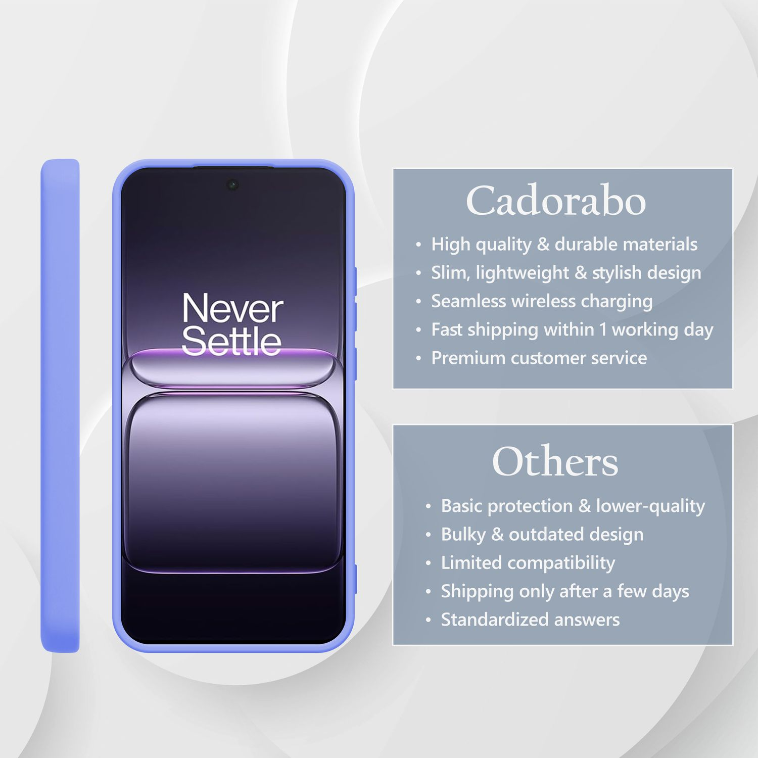 Ein lila Handyhülle liegt neben einem Smartphone mit "Never Settle".
