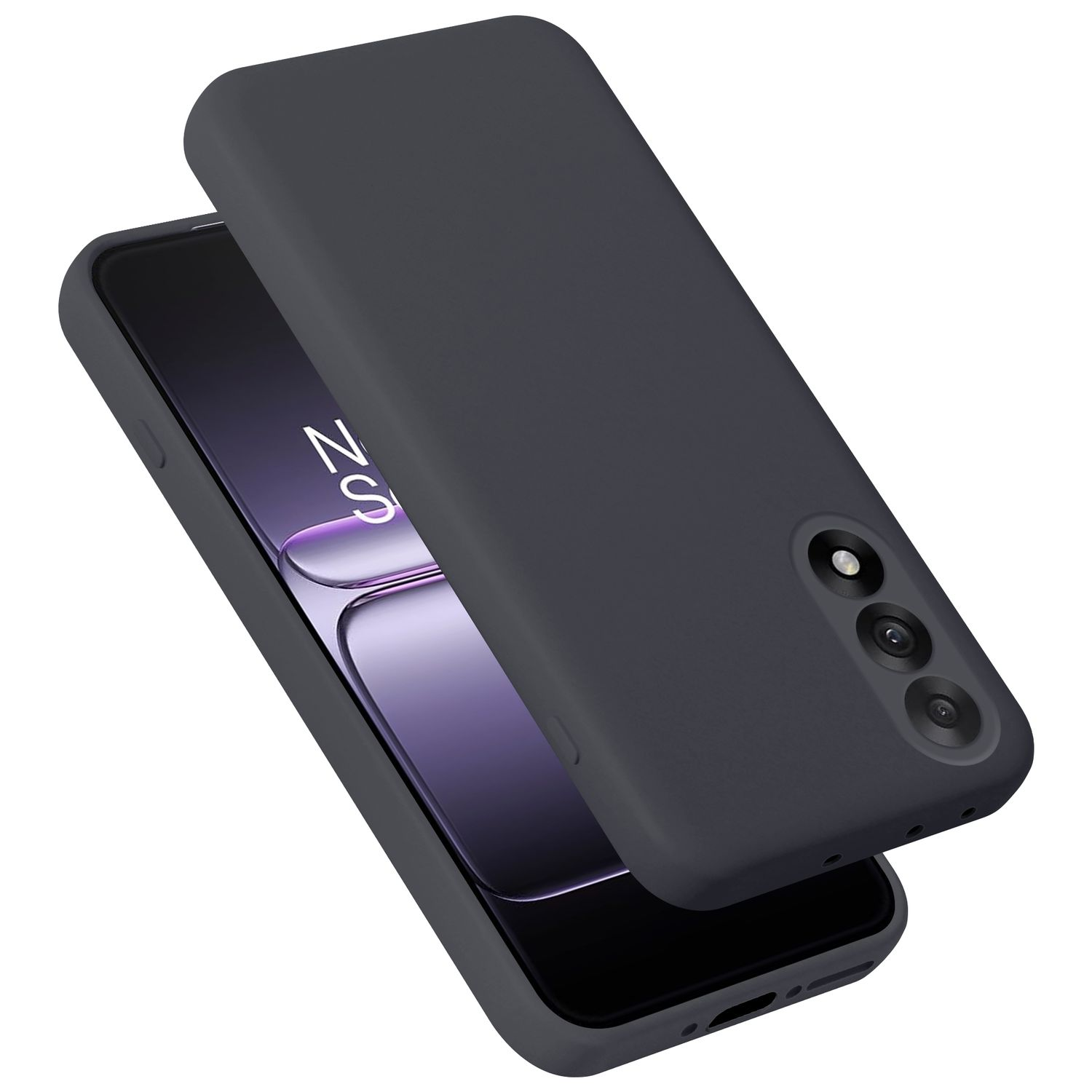 Ein dunkelgraues Handy mit einer Hülle. Die Hülle bedeckt die Rückseite des Telefons.