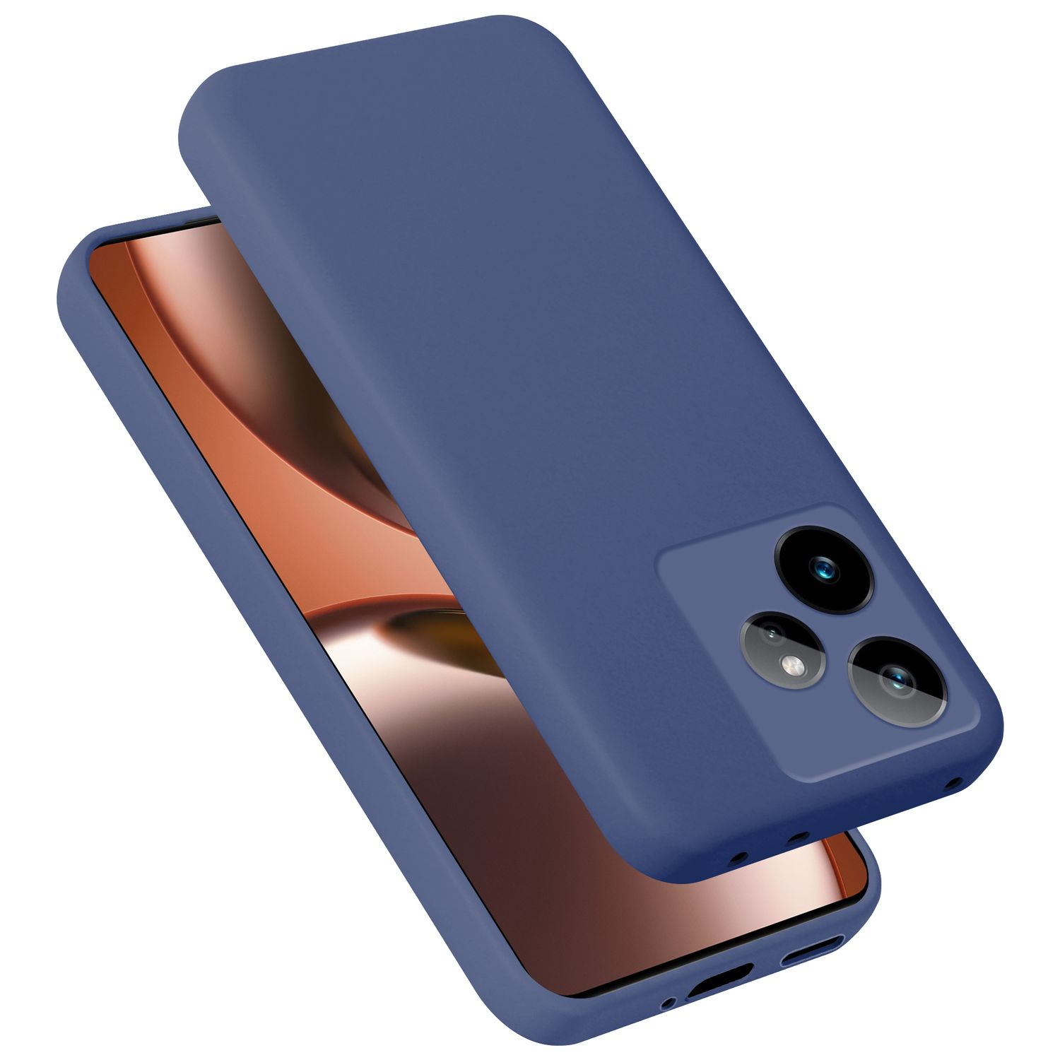 Eine blaue Handyhülle bedeckt ein Handy mit braunem Bildschirm. Die Kameralinsen sind sichtbar.