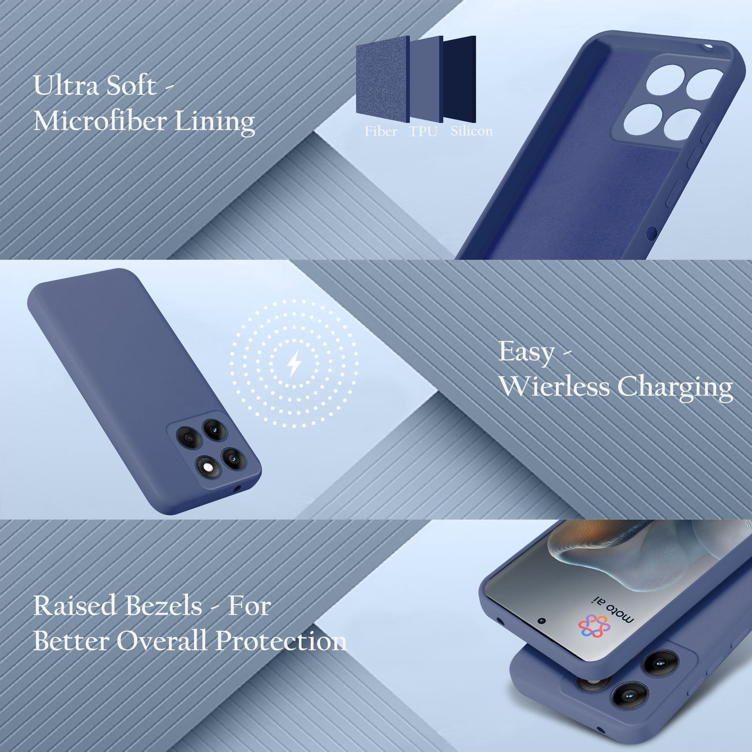 Ein blaues Handycover mit weichem Futter, kabellosem Laden und erhöhten Rändern.