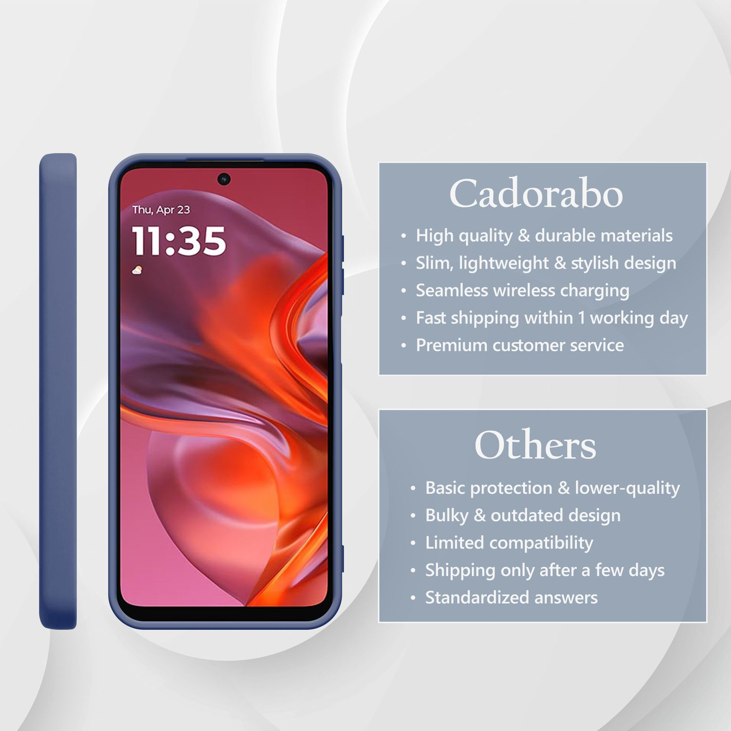 Blaue Handyhülle neben Smartphone mit 11:35. Text listet Cadorabo-Merkmale vs. Andere.