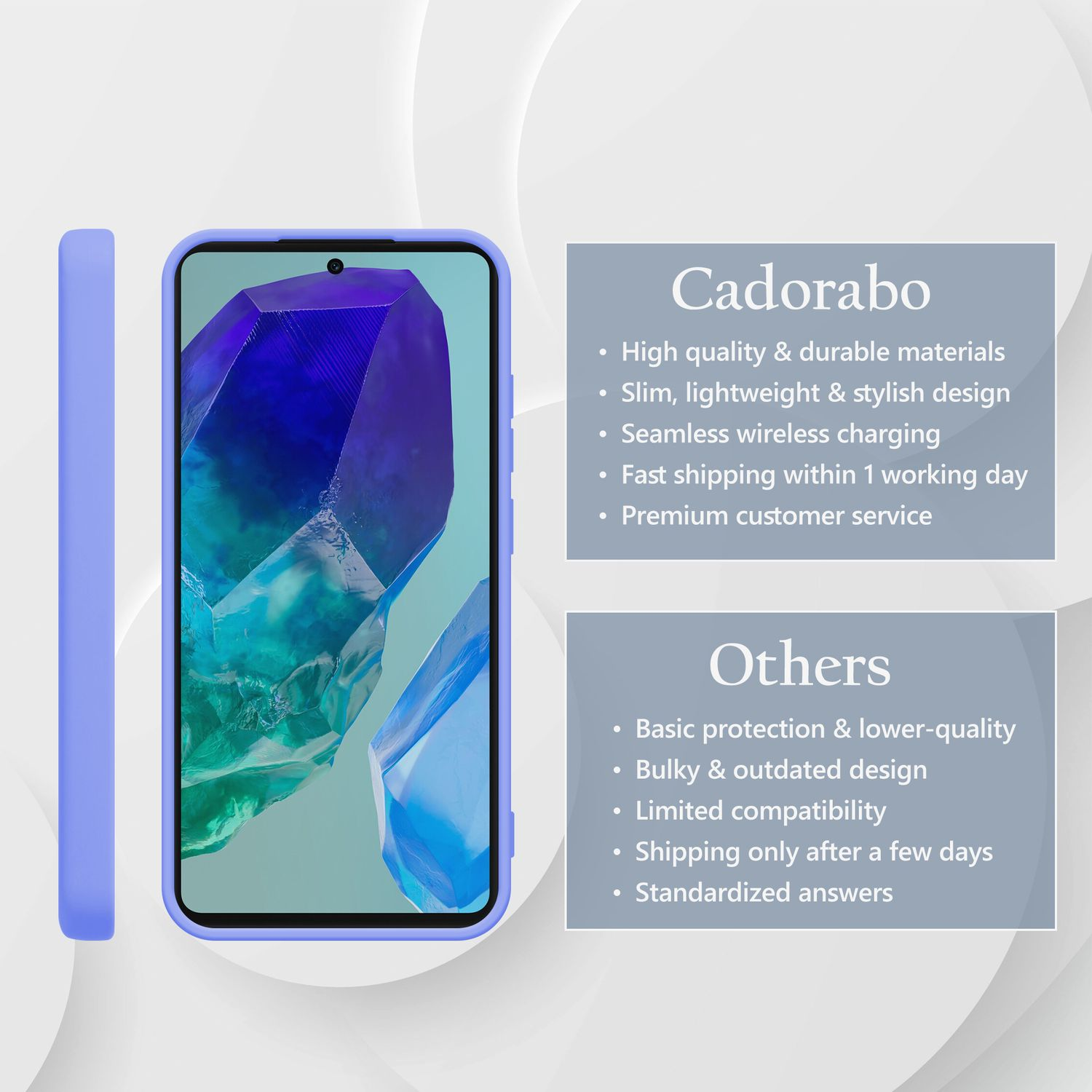 Ein lilafarbenes Handycase liegt neben einem Smartphone mit einem blauen Kristall-Hintergrund.