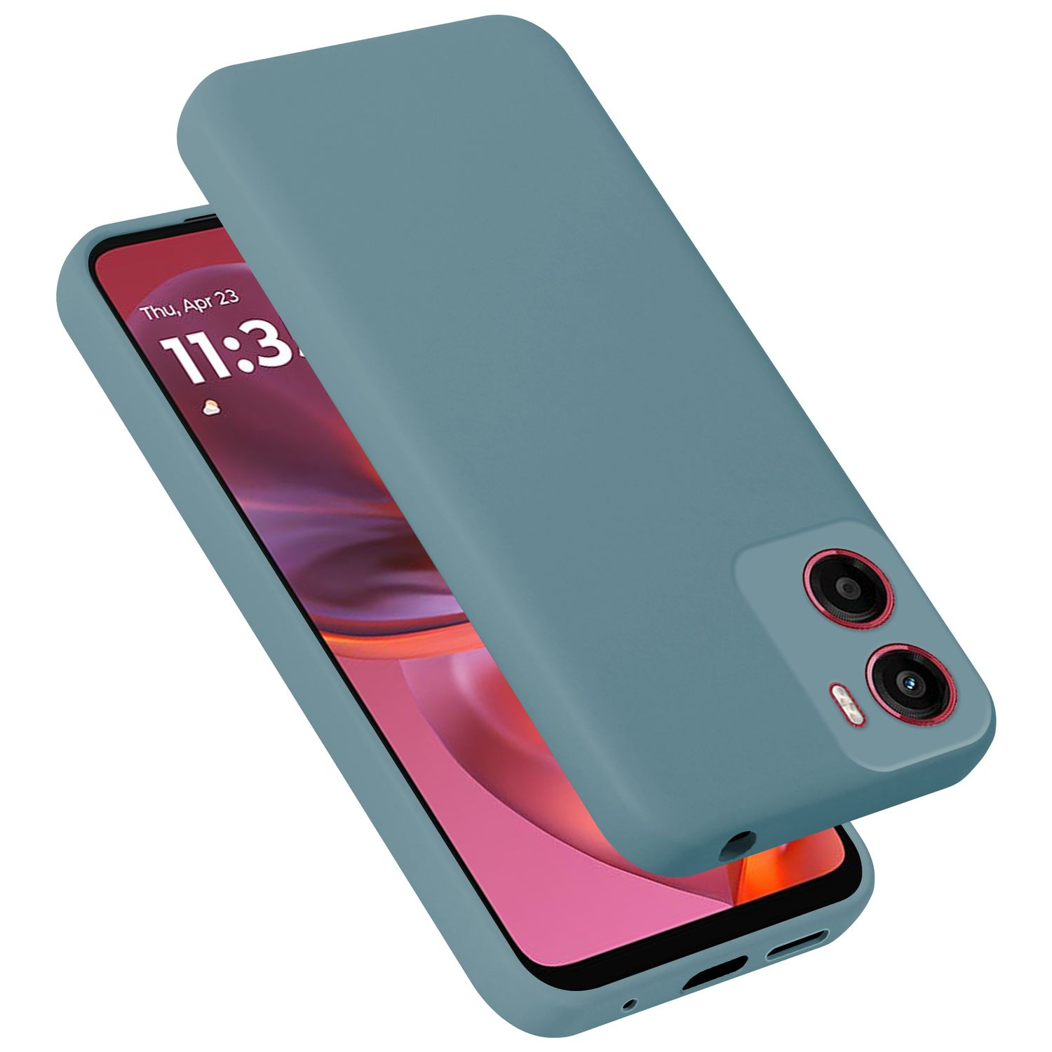 Ein graublaues Handycase liegt auf einem Handy mit blauen und pinken Hintergrund. Die Kameras sind sichtbar.
