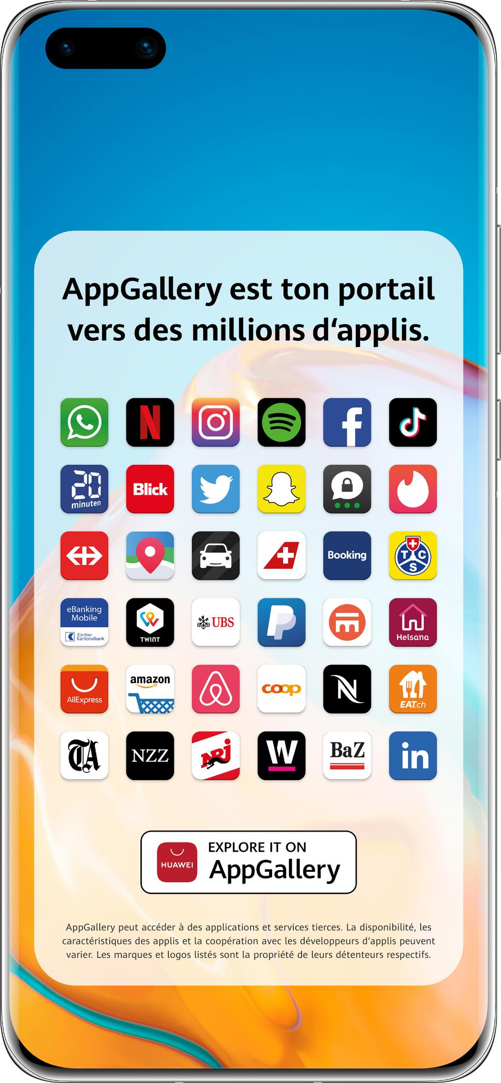 Smartfon wyświetla AppGallery z wieloma ikonami aplikacji, takimi jak WhatsApp, Netflix, Spotify, Facebook.