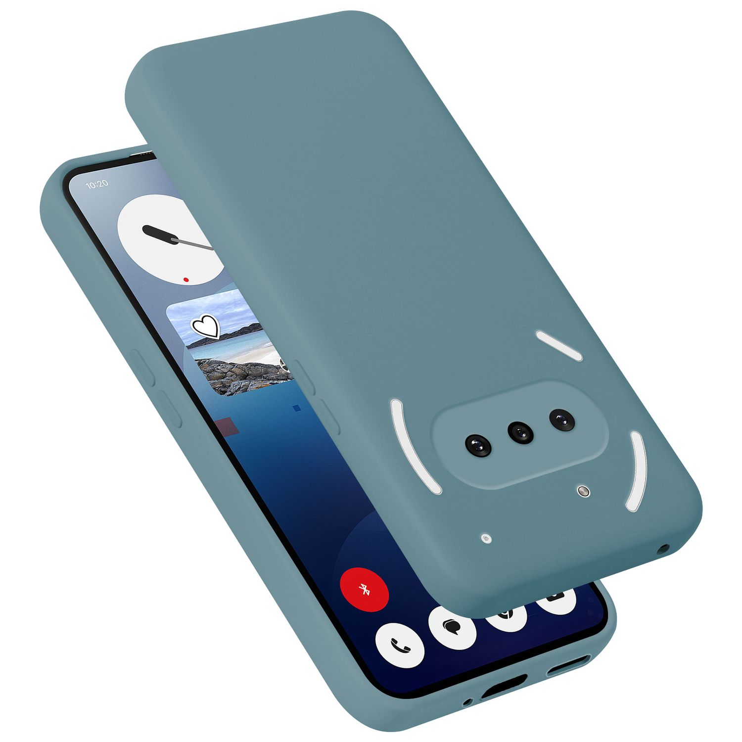 Ein blauer Handyhülle liegt auf einem Smartphone mit einem blauen Hintergrund.