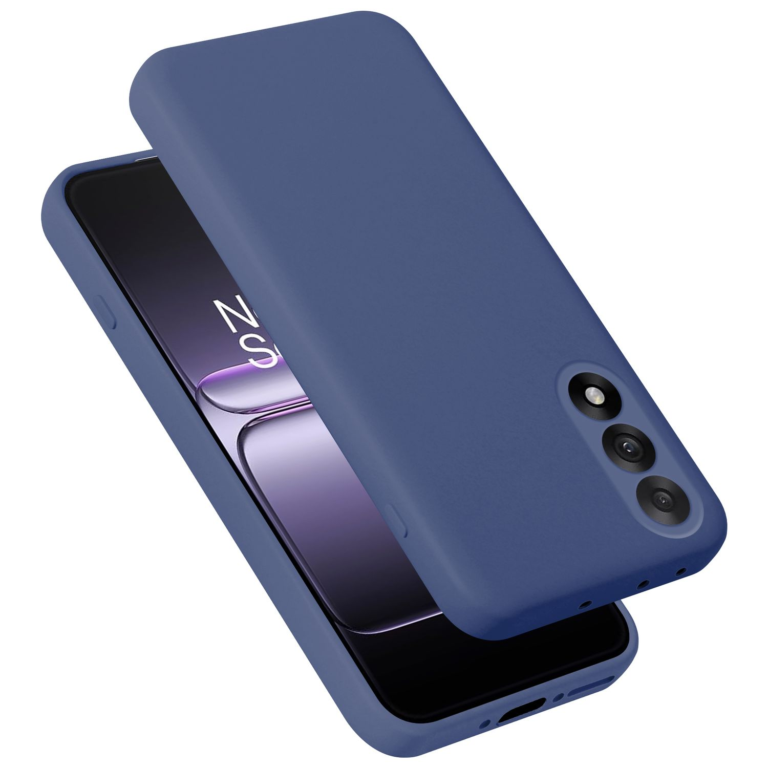 Blaue Handyhülle über einem Smartphone mit drei Kameras.