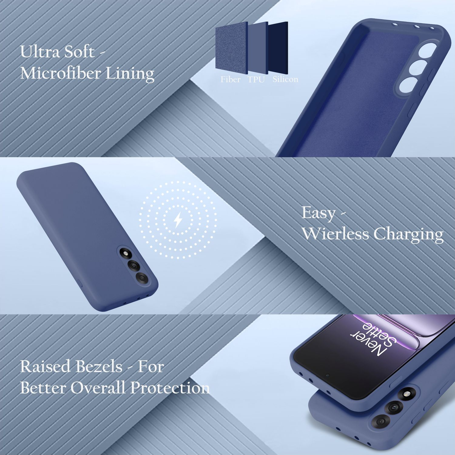Blaue Handyhülle mit Mikrofaserauskleidung, kabellosem Laden und erhöhten Rändern.