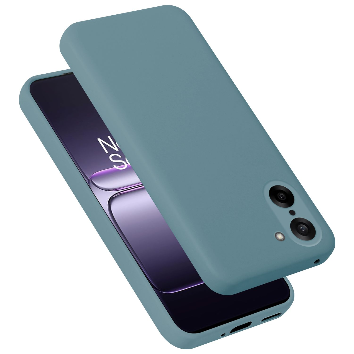 Ein blauer Handy-Case liegt über einem Smartphone mit lila Bildschirm.