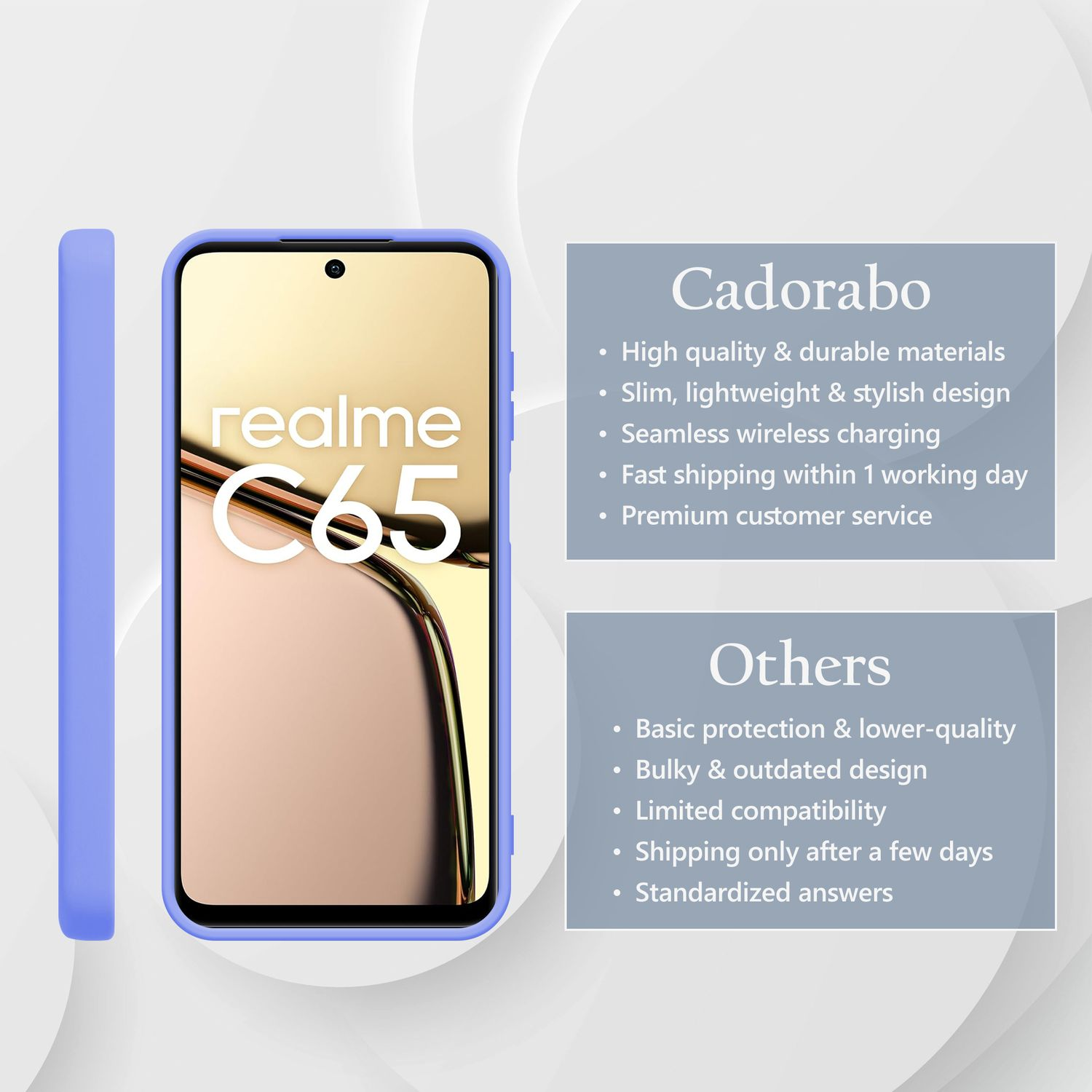 Ein lila Handyhülle neben einem Realme C65 Smartphone.