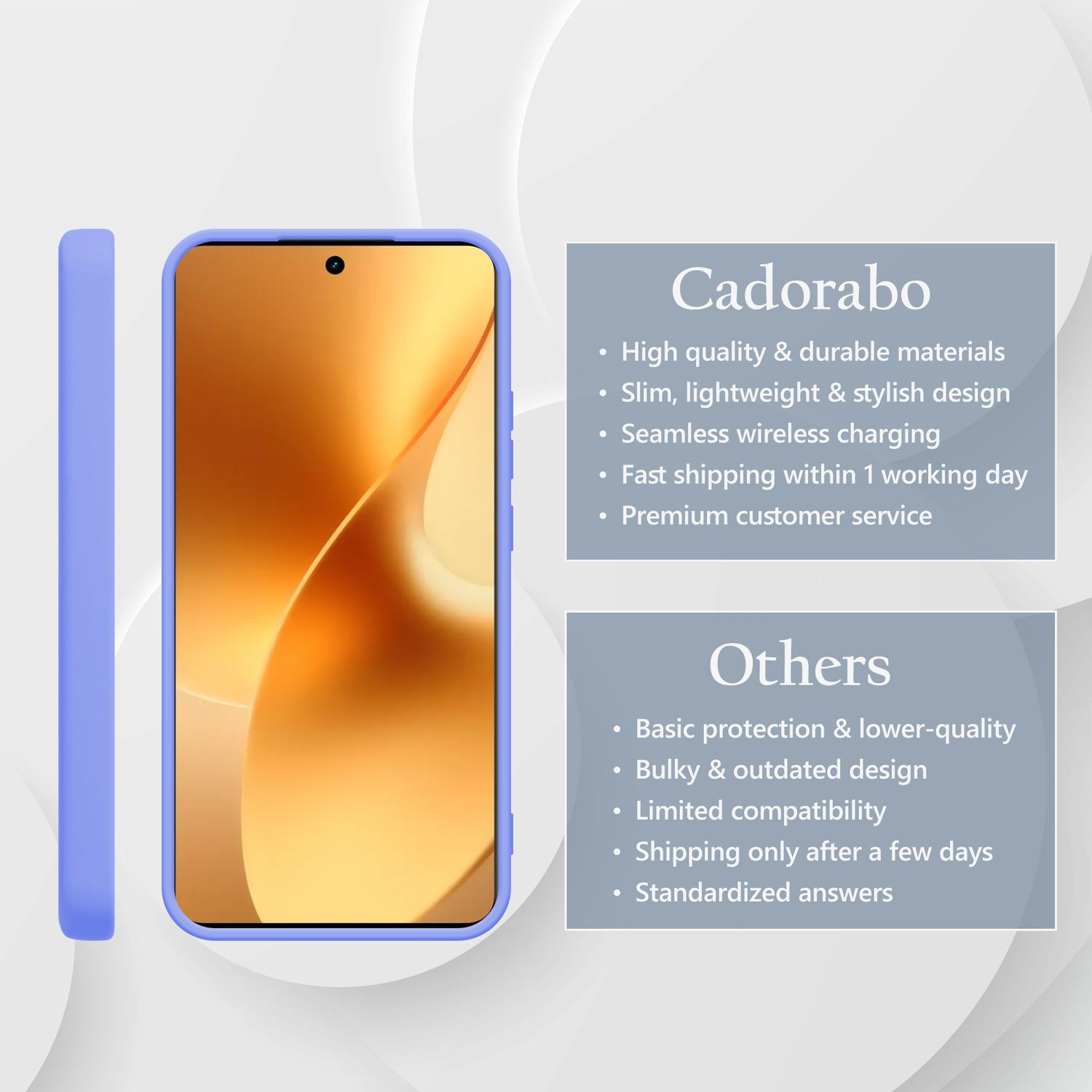 Ein lila Handyhülle liegt neben einem Smartphone mit orangem Hintergrund.