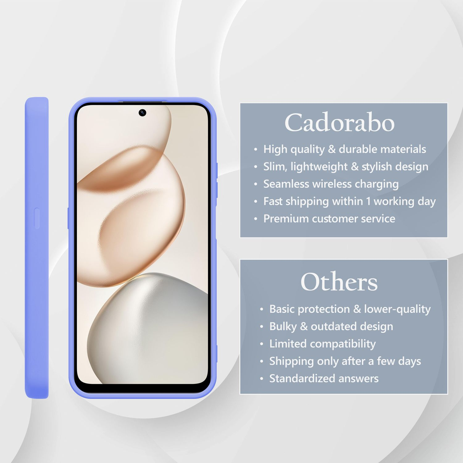 Ein lila Handyhülle liegt neben einem Smartphone. Cadorabo-Vorteile werden aufgelistet.