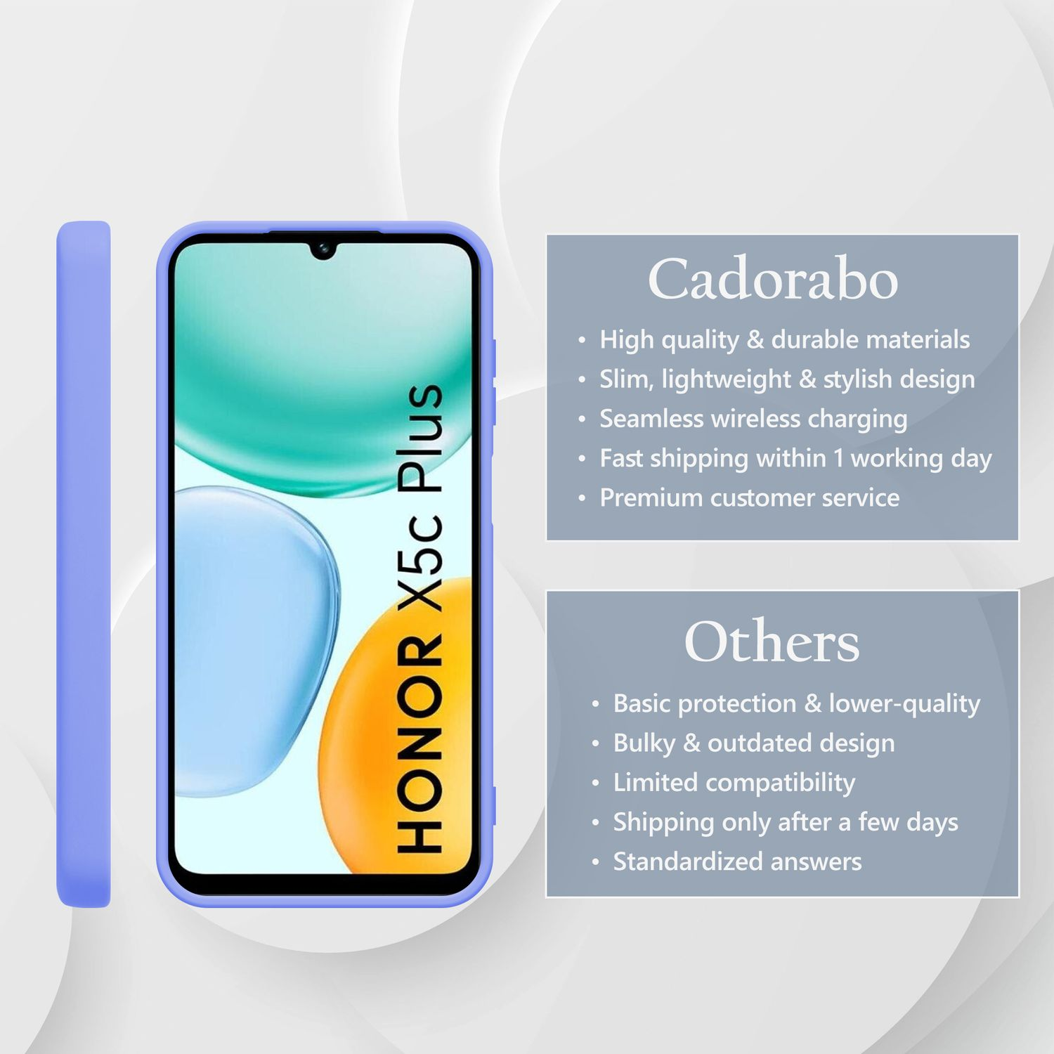 Lila Handyhülle für HONOR X5c Plus mit Produktmerkmalen.