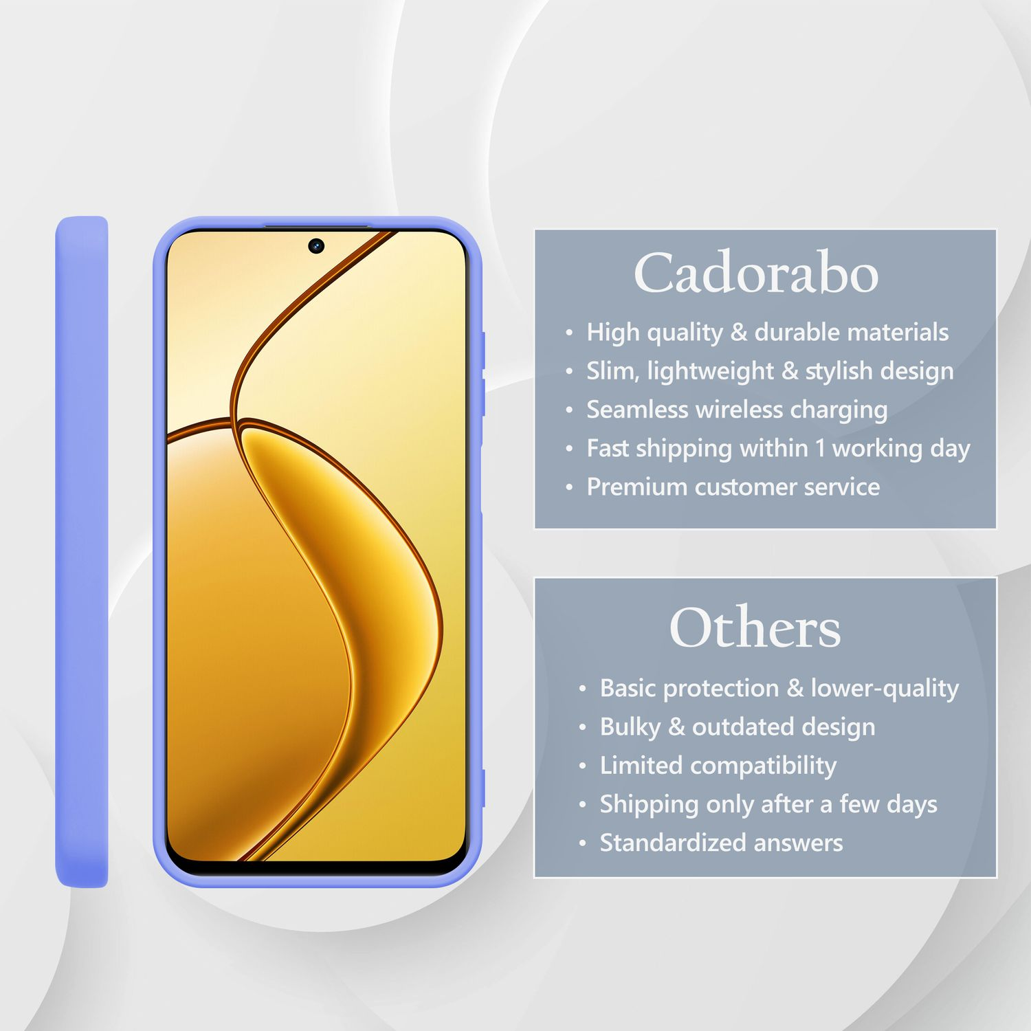 Ein violettes Handy mit einem goldenen Bildschirm und Produktmerkmalen.