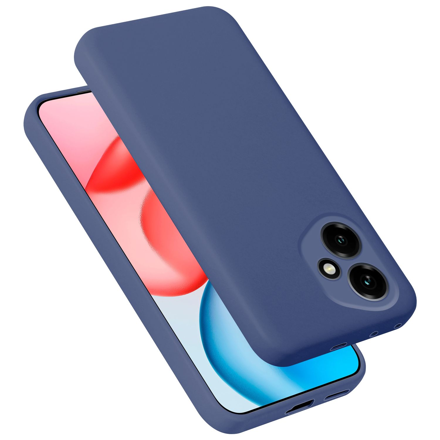 Blaue Handyhülle mit zwei Handys, eine Hülle ist auf dem anderen.