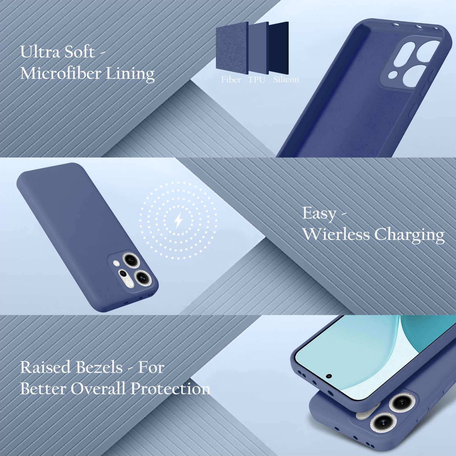 Drei Schichten: Mikrofaser, TPU, Silikon. Blaue Handyhülle.