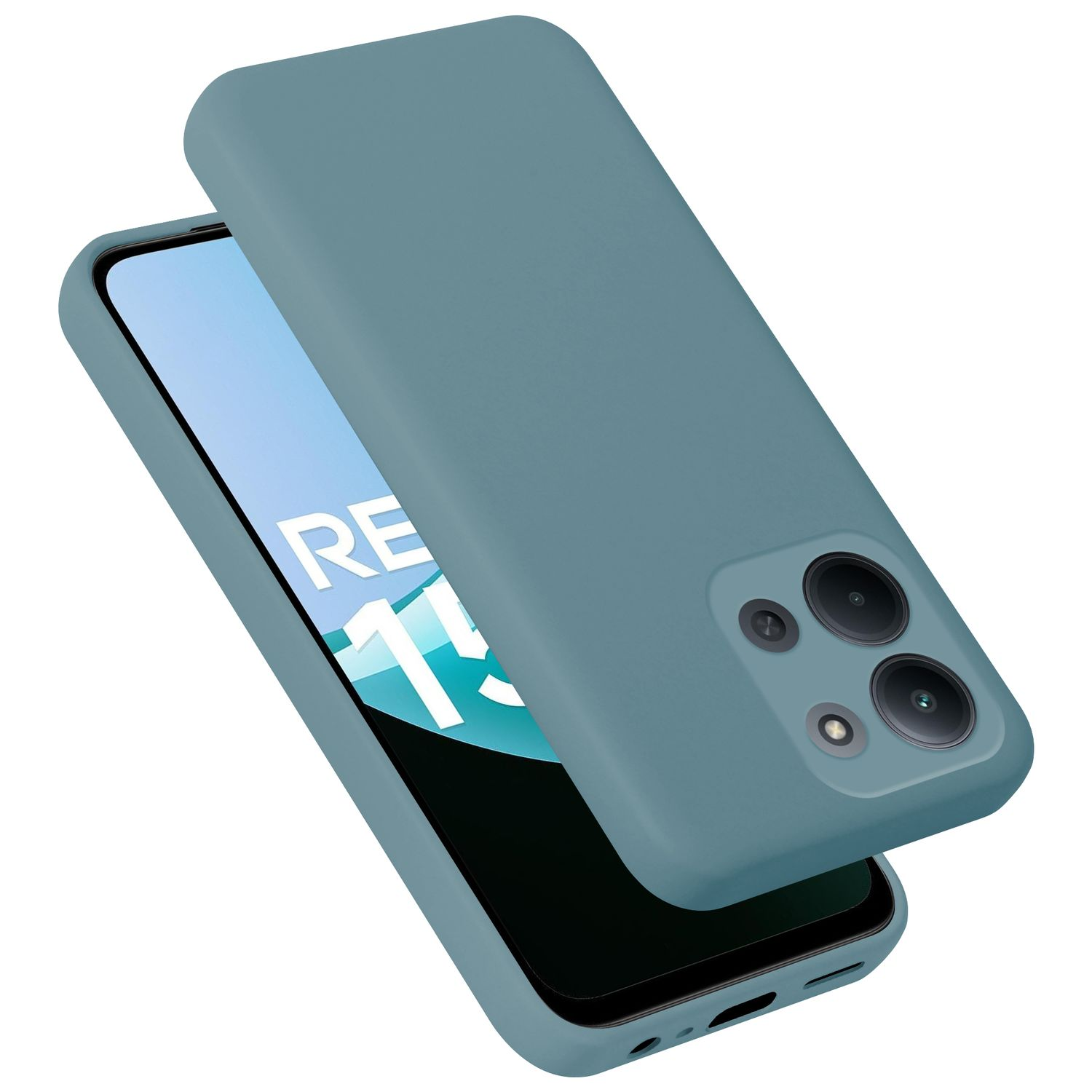 Ein blauer Handyhülle liegt auf einem Smartphone mit "RE 11" auf dem Bildschirm.