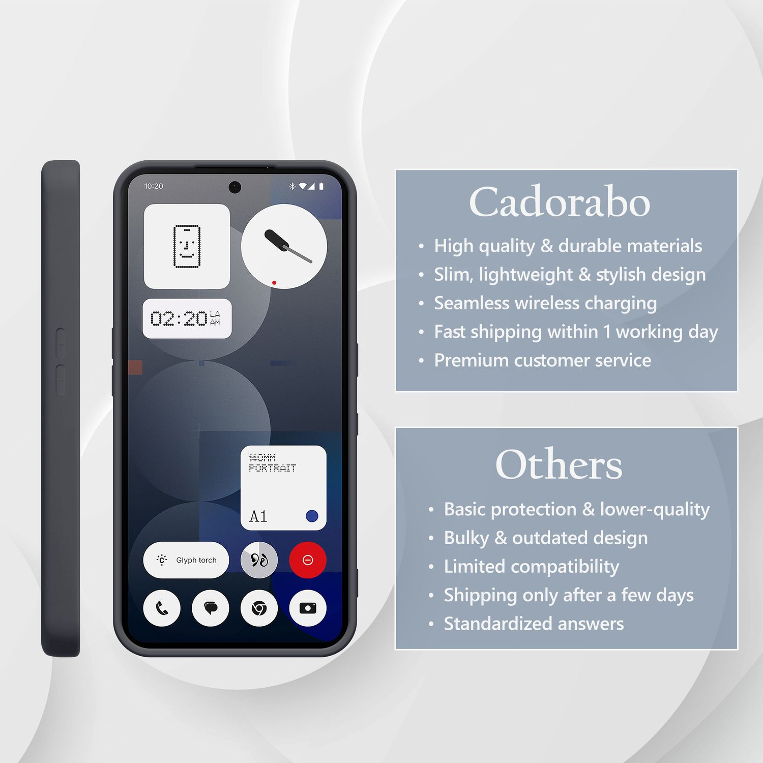 Dunkelgraues Smartphone mit stilvollem Design, zeigt eine Uhrzeit und Icons.