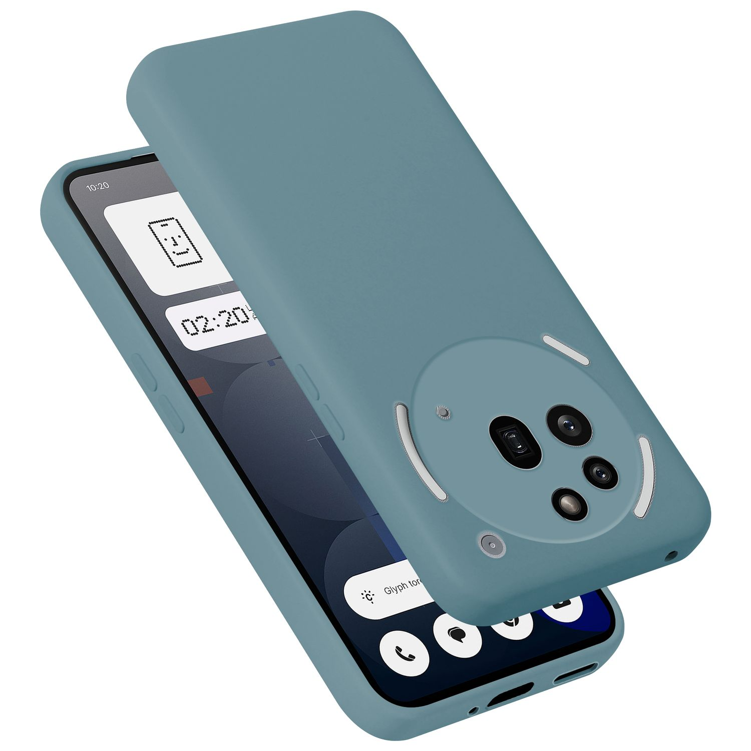 Ein blauer Handyhülle bedeckt ein Smartphone mit Kameras.