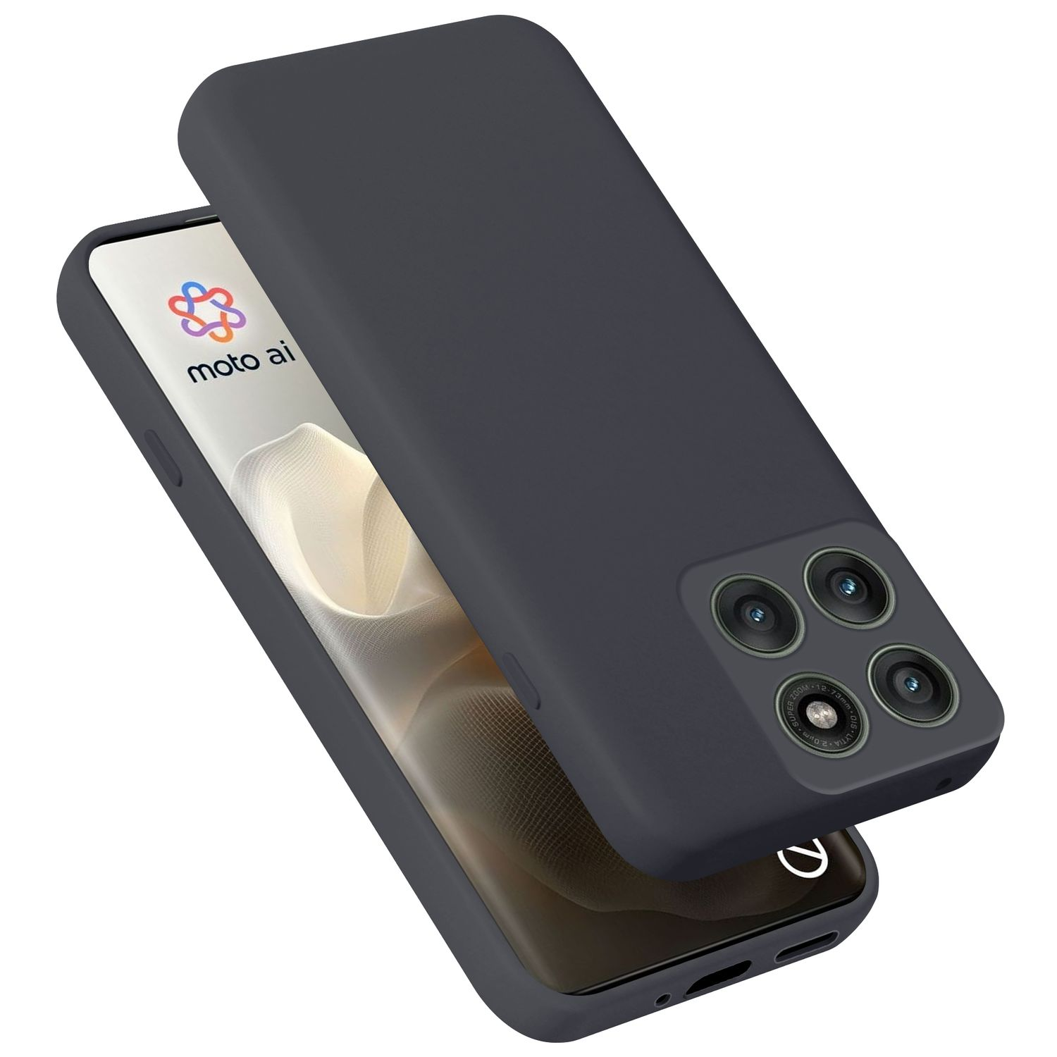 Dunkelgraues Handy mit vier Kameras und Logo auf dem Bildschirm.