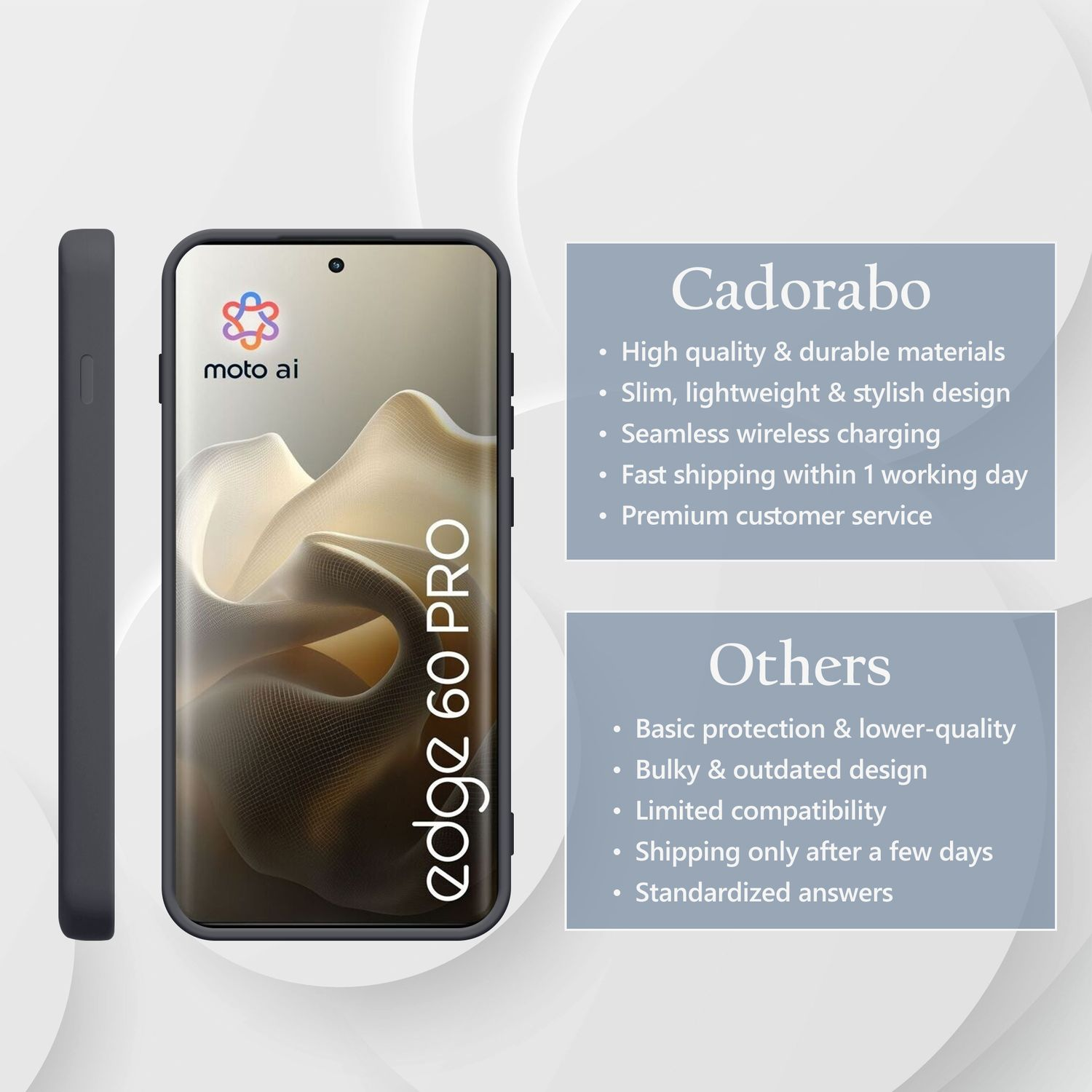 Dunkelgraues Handy mit Cadorabo-Logo und Text, das die Vorteile hervorhebt.