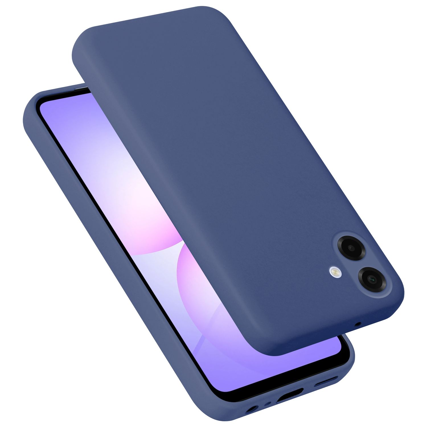 Ein blaues Handy mit einer Hülle, die über die Rückseite gelegt ist.