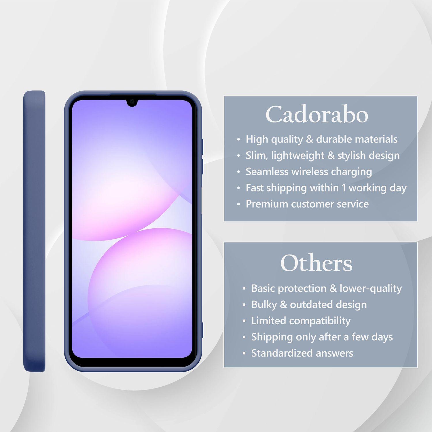 Ein blaues Handy mit einem Vergleichtext. Cadorabo: Hohe Qualität, schlank, kabellos.