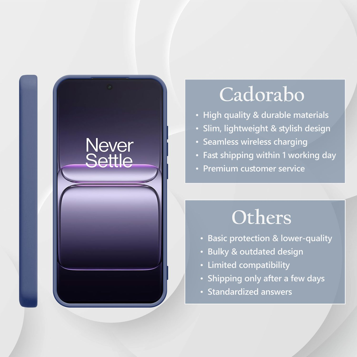Dunkelblaues Handy mit „Never Settle“ Schriftzug und Cadorabo-Logo.