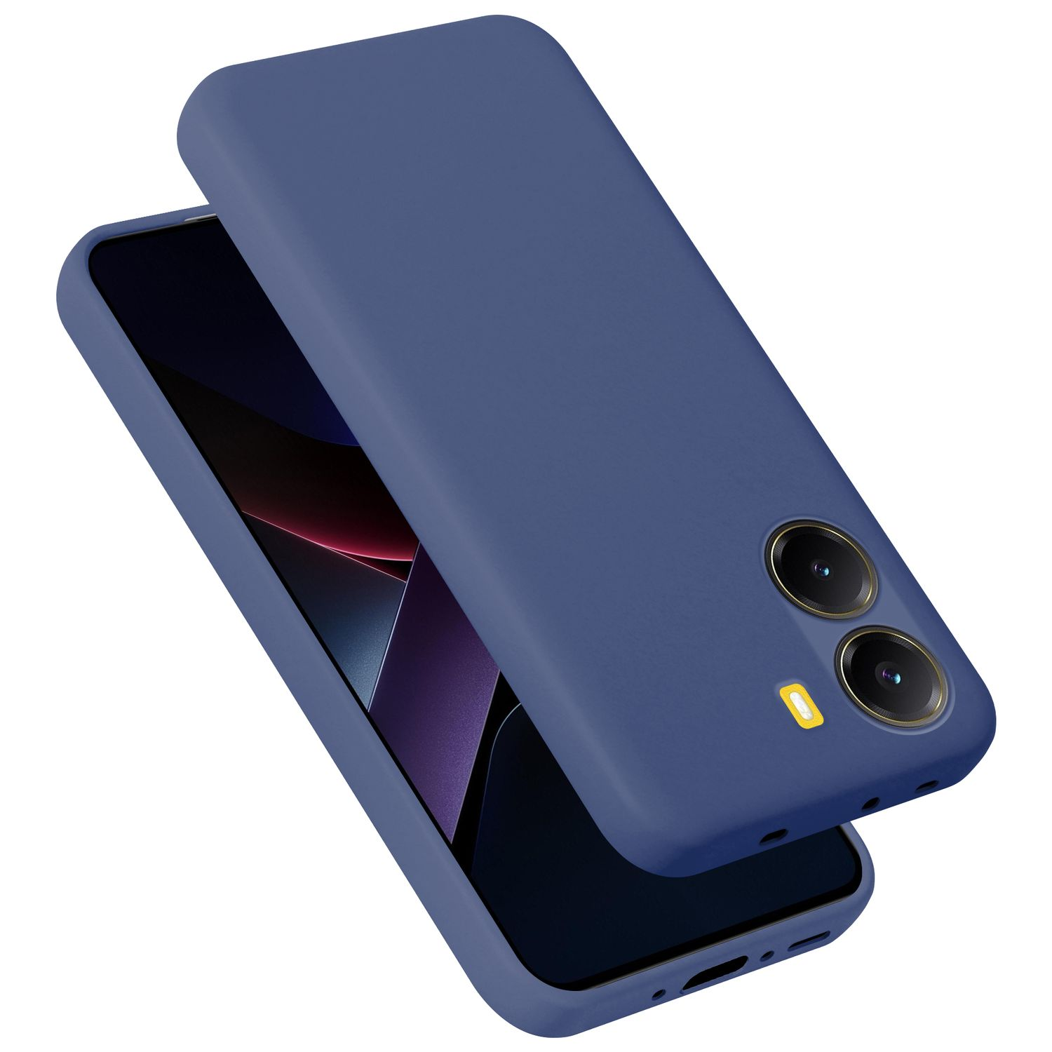 Eine marineblaue Handyhülle liegt über einem Smartphone mit doppelter Kamera.