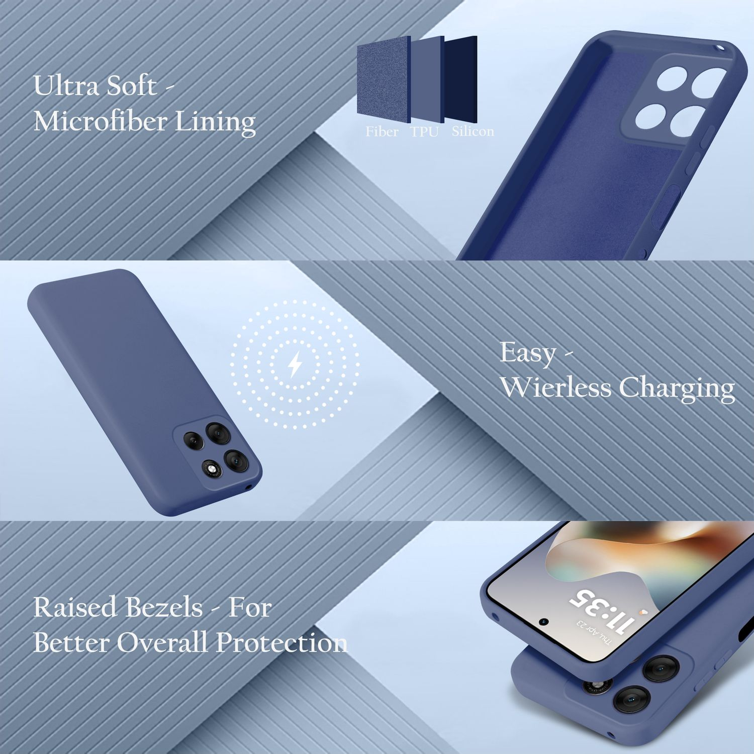 Blaue Handyhülle mit Mikrofaserfutter, kabellosem Laden und erhöhten Rändern.