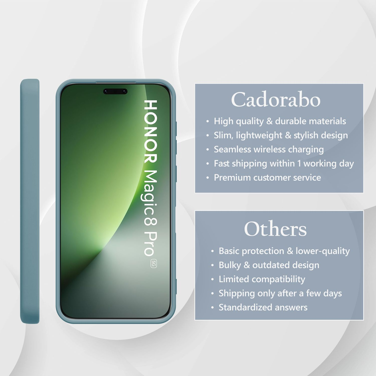 Ein blaues Handycase neben einem Smartphone mit grünem Hintergrundbild.