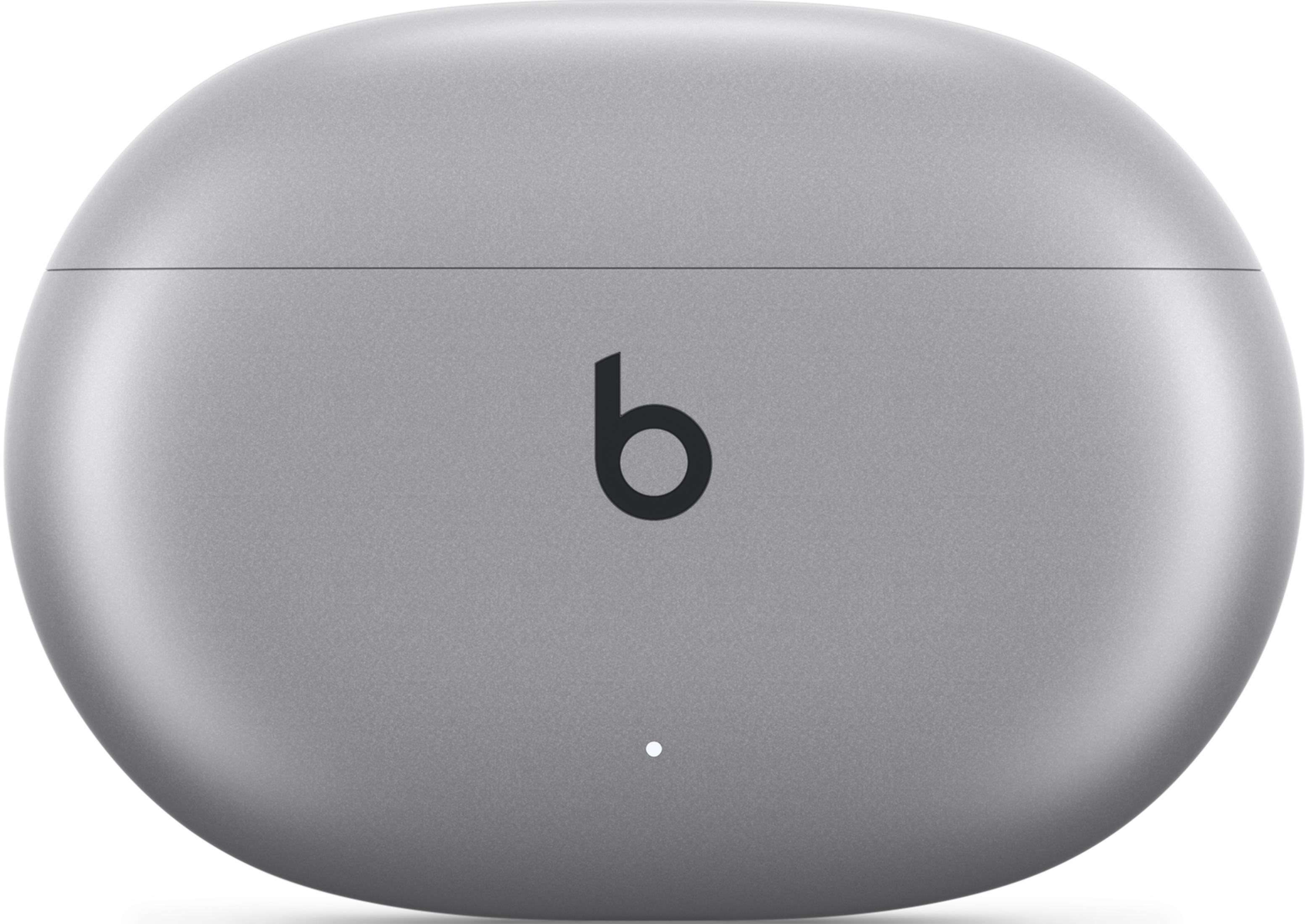 Szara ładowarka z czarnym logo 'b' i małą białą kropką.