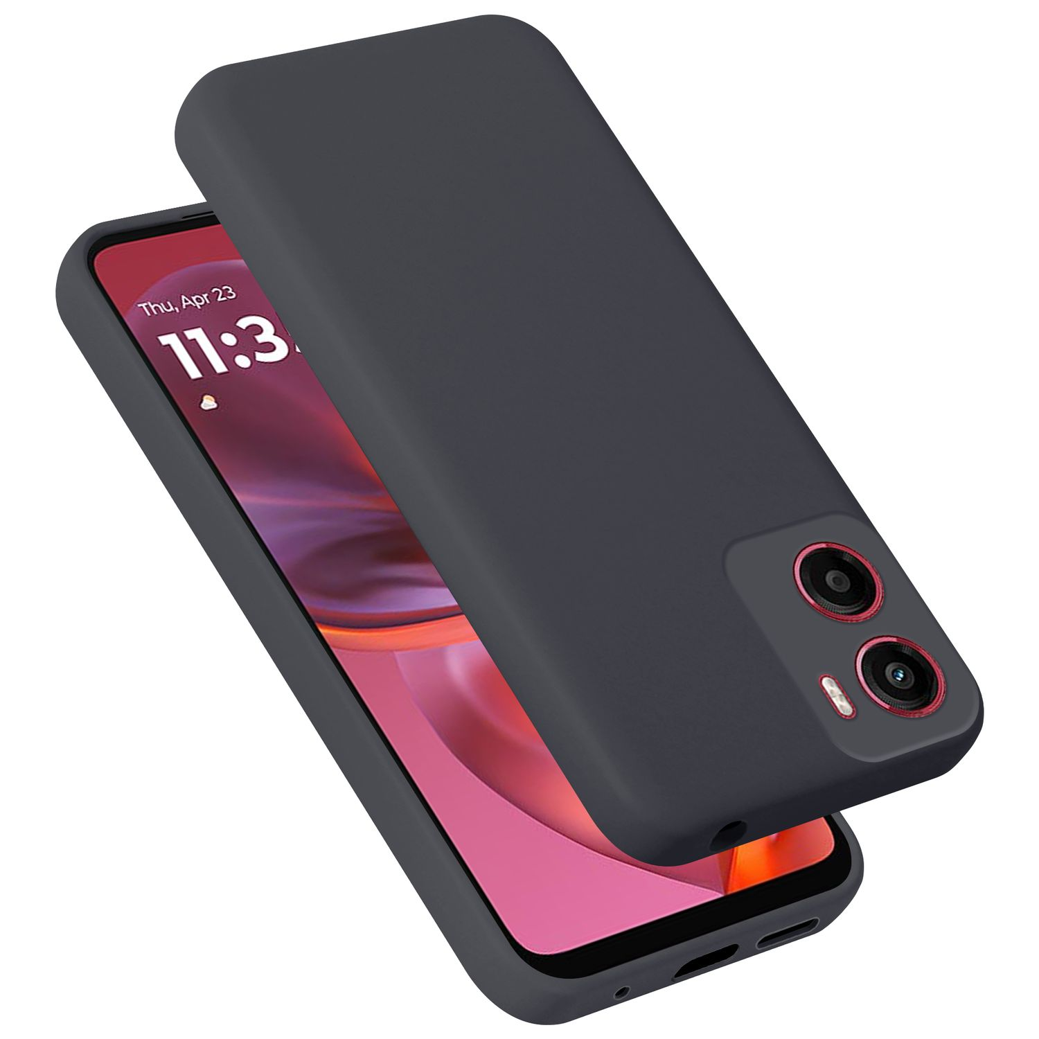 Ein dunkles Smartphone mit einem grauen Gehäuse, das auf seinem Bildschirm liegt.