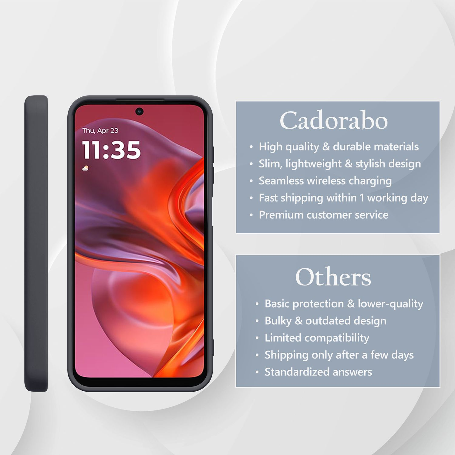 Dunkelgraues Smartphone mit farbenfrohem Hintergrund und Textfeldern.
