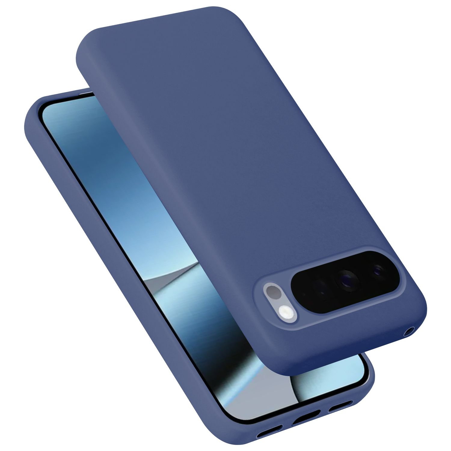 Dunkelblaue Handyhülle über einem Smartphone mit leerem Bildschirm.