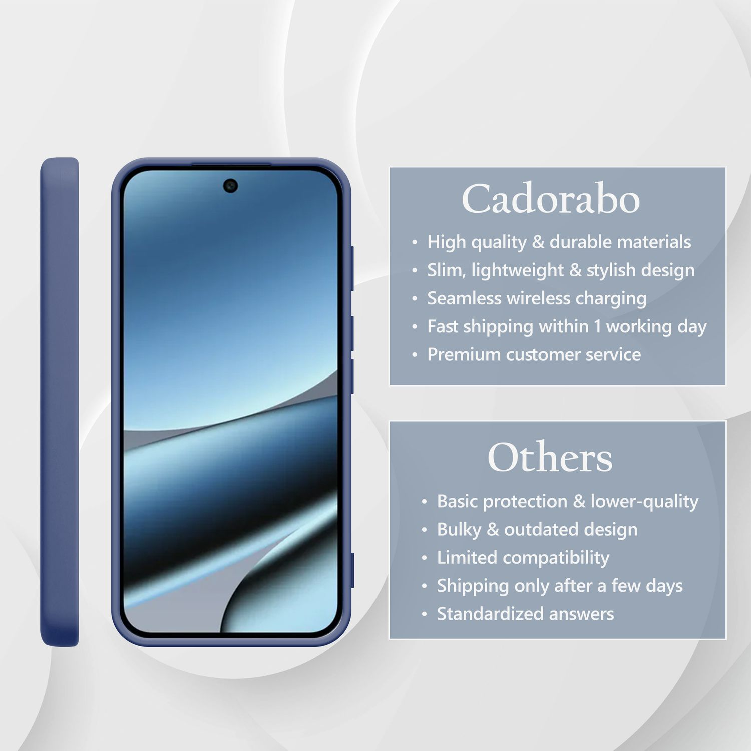 Ein blaues Handycase wird neben einem Smartphone gezeigt, mit Text über Cadorabo.