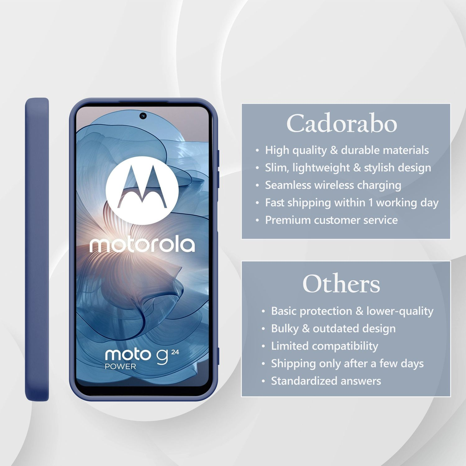 Dunkelblaues Motorola Moto G24 Power Handy mit Hülle. Cadorabo-Vorteile.