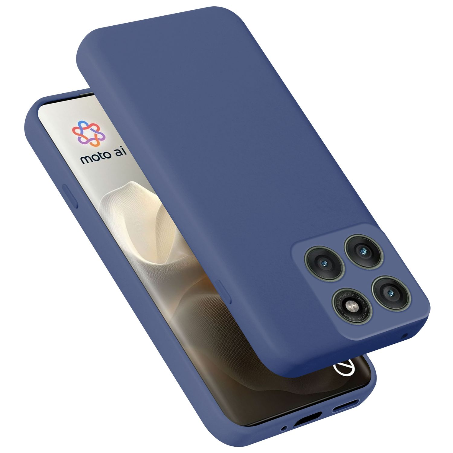 Blaue Handyhülle mit Kameralinsen und "moto ai" Logo auf dem Bildschirm.