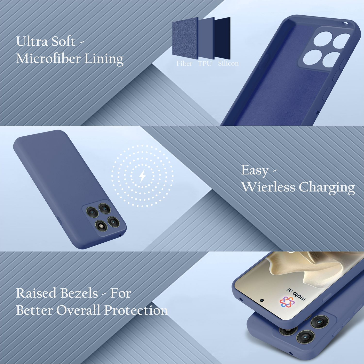 Ein blaues Handycover mit Mikrofaserfutter, kabellosem Laden und erhöhten Rändern.