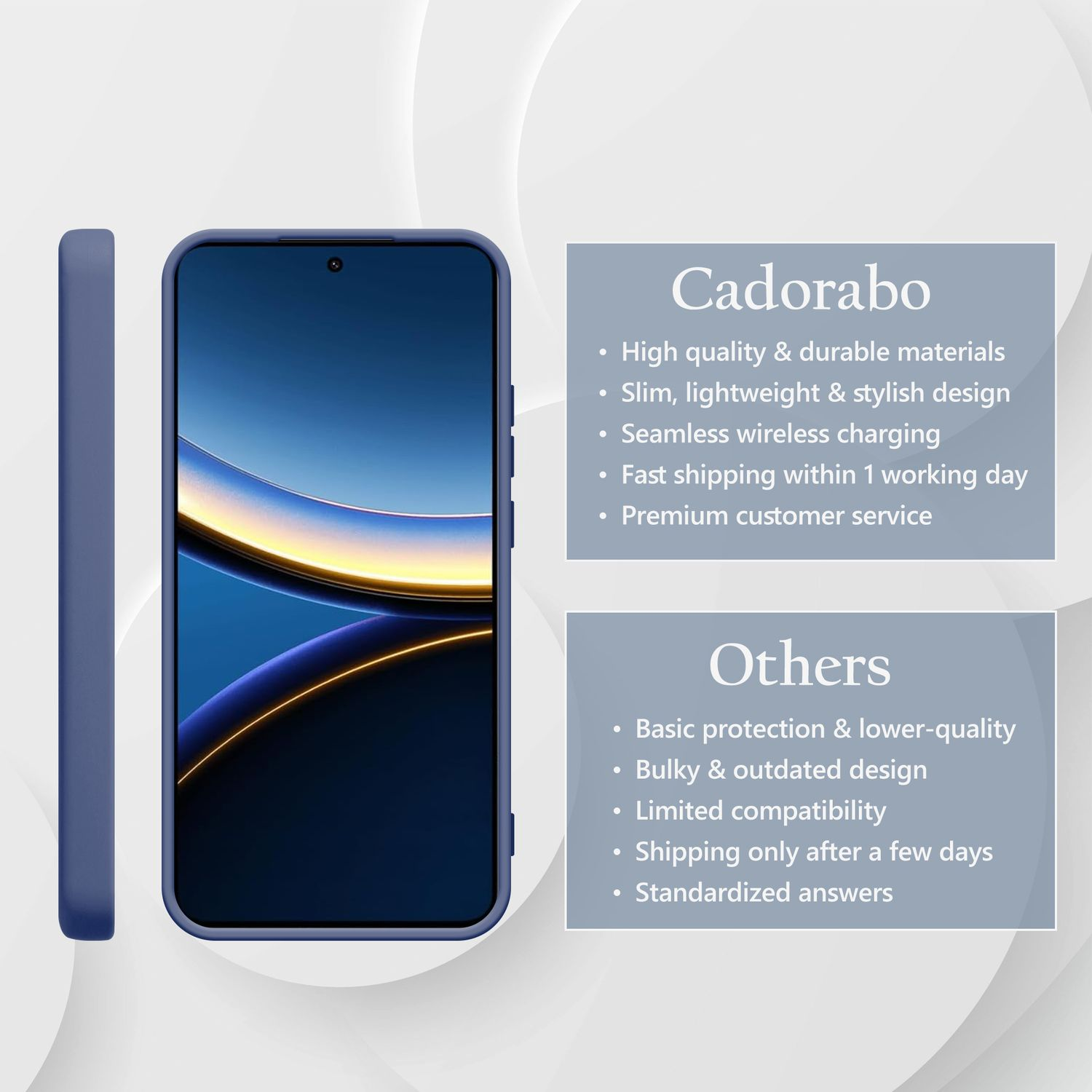 Ein blaues Handy mit einem blauen Kasten daneben.